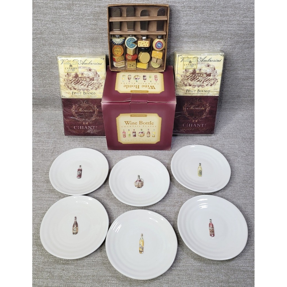 Williams Sonoma Wine Bottle Cocktail Plates Vintage w/ Napkins & Knife Set NEW